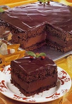 a chocolate cake on a plate with two slices cut out and ready to be eaten