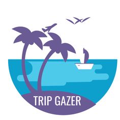 the logo for trip gazer with two palm trees and a boat in the water