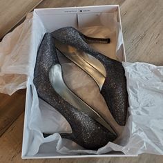 Nine West Flax Pointed Toe Gun Metal Pump Heel Silver Glitter. Never Worn!!! Brand New In Box Silver Almond Toe Heels With Glitter, Silver Glitter Almond Toe Heels, Fitted Silver Shimmer Heels, Silver Glitter Heels With Pointed Toe, Silver Glitter Pointed Toe Heels, Elegant Glitter Heels In Metallic Silver, Elegant Metallic Silver Glitter Heels, Silver Glitter Fitted Heels, Fitted Silver Glitter Heels