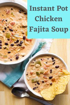 two bowls of instant pot chicken fajita soup with tortilla chips on the side