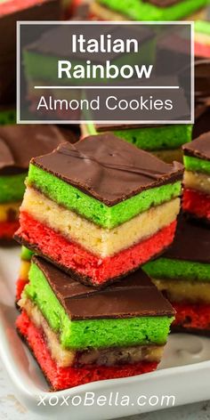 italian rainbow almond cookies are stacked on top of each other with chocolate and green frosting