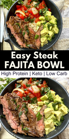 Images of steak fajita bowls with cauliflower rice and avocado Healthy Dinners Gluten Free, Healthy Steak Fajita Recipe, Low Carb Red Meat Recipes, Easy High Protein Low Carb Snacks, Easy Delicious Dinners Healthy, Protein Based Dinner, Low Carb Food Prep For The Week, Healthy Easy Dinner For One, High Protein Dinner Ideas Families