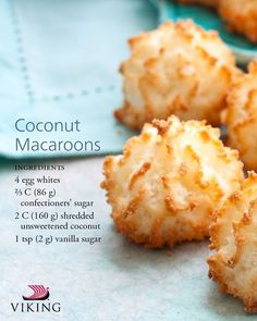 coconut macaroons are sitting on a blue napkin with the words, coconut macaroons