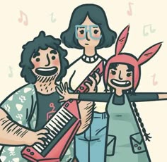 three people wearing bunny ears and holding musical instruments