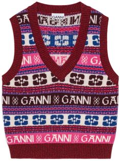 wine red/multicolour wool blend fair isle intarsia knit V-neck sleeveless ribbed trim straight hem Ganni Vest, Ganni Sweater, Ganni T Shirt, Wool Vest, Pink Logo, Wool Blend Sweater, Knitwear Women, Wine Red, Fair Isle