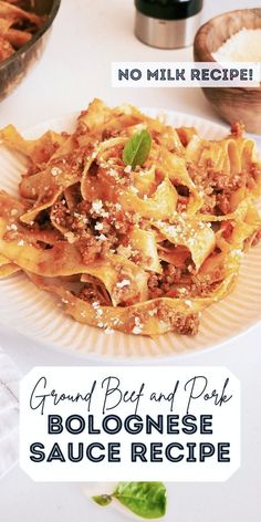 an image of a plate of food on a table with the words gourmet beef and pork bolognzoe sauce recipe