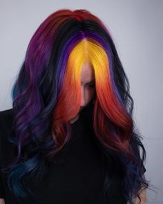 Crazy Hair For Long Hair Hairstyle Ideas, Black And Fashion Color Hair, Vivid Roots Hair, Vibrant Color Hair, Weird Hair Colors, Colour Blocking Hair, Oil Spill Hair, Vivid Hair Color Ideas, Crazy Hair Colors