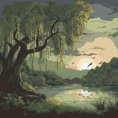 a painting of a lake with trees and birds