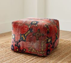 Dara Velvet Printed Pouf | Pottery Barn Poof Ottomans, Glam Apartment Decor, Fabric Coffee Table, Glam Apartment, Coffee Table Pottery Barn, Patterned Ottoman, Moroccan Fabric, Flat Decor, Ottoman Coffee