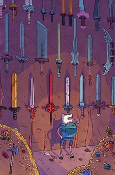 a man standing in front of a bunch of swords