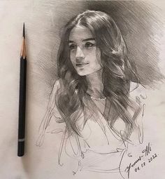 a pencil drawing of a young woman with long hair and wearing a white shirt, sitting next to a black pen