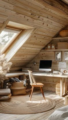 an attic bedroom with wood paneling and wooden flooring is furnished with wicker furniture