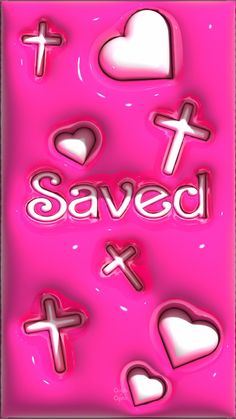 some hearts and crosses with the words saved on them in white letters, against a pink background