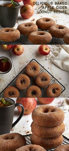 there are many donuts stacked on top of each other with apples in the background