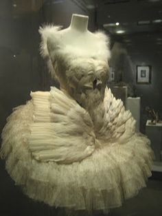 a mannequin wearing a white tutu in a museum display case with other items behind it