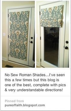 two pictures of the same door and window with roman shades on them, one is closed