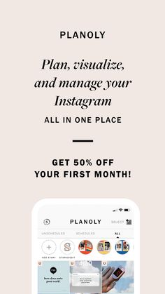 an instagram ad with the words, plan, and manage your instagram all in one place get 50 % off your first month