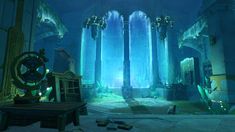 an image of a fantasy setting in the middle of the night with blue lights and columns