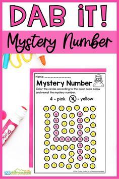 a pink and yellow printable activity with the words dab it mystery number on it