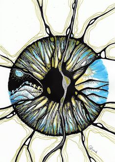 an artistic drawing of a human eye with blue and yellow irises in the center