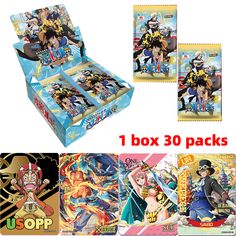 one box 30 packs with anime characters on the front and back covers for each card