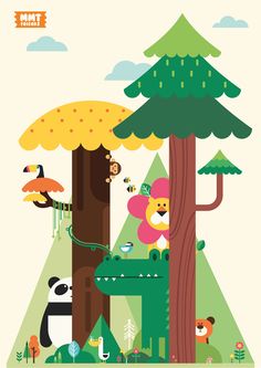 an illustrated poster with animals and trees