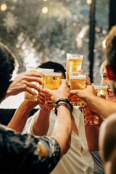 a group of people toasting with beer glasses