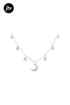 Bella Luce �� white diamond simulant 0.66ctw round, rhodium over sterling silver star and moon necklace. Measures approximately 16"L x 0.44"W and has a 3" extender and has a spring ring closure. The diamond equivalent weight is 0.39ctw. Diamond Star Necklace, Star And Moon Necklace, Star And Moon, Diamond Simulant, Diamond Star, Moon Necklace, White Diamond, Cubic Zirconia, Moon