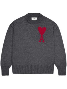 AMI Paris intarsia-logo Wool Jumper - Farfetch Knit Logo, Poppy Red, Versace Outfit, Wool Jumper, City Dress, Yoko London, Ami Paris, Mens Wear, Summer Beach Wear