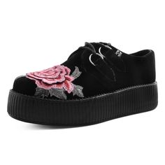 T.U.K. Shoes Black Velvet 3D Embroidered Rose Viva High Sole Creeper AV9319 Women Shoes Black, Embroidered Rose, Footwear For Men, Creative Fashion, Modern Classic