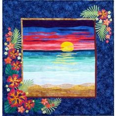 a quilted picture frame with flowers and the sun in the sky above it, on a blue background