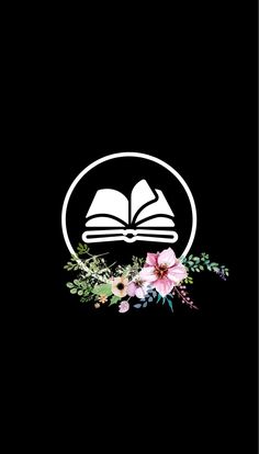 an open book with flowers and leaves in the center on a black background that says,