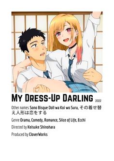 an image of a man and woman that are in front of a poster with the words my dress - up darling