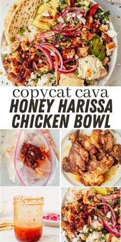 chicken bowl with honey harssa and red onion garnish