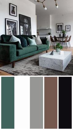 a living room with green couches and pictures on the wall above them in shades of brown, teal, black and white