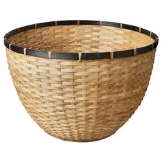 a large woven basket with black trim