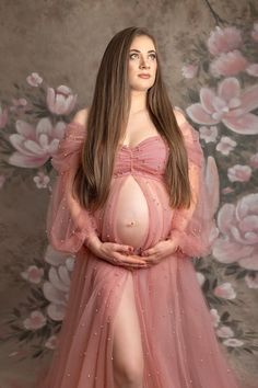 18049#Luxurious Pearl Tulle Maternity Dress For Photoshoot Wedding Guest Open Front Detachable Floral Maternity Shoot Studio, Pregnant Women Photoshoot, Maternity Robes, Pregnant Photo, Photoshoot Wedding