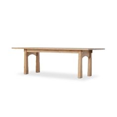 a wooden table with two legs and an oval shaped top, against a white background