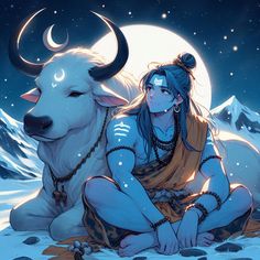 a woman sitting on the ground next to a cow in front of a full moon