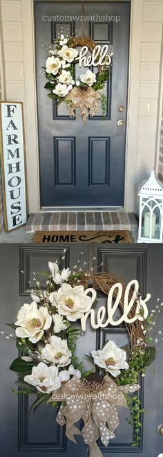 the front door is decorated with wreaths and flowers