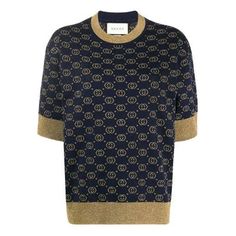 (WMNS) Gucci GG Cotton LAM Top 'Interlocking G -Blue Gold' 605920-XKAHT-4597 Gucci Tops Women, Supreme T Shirt, Gucci Outfits, Luxury Clothes, Jacquard Sweater, Monogram Pattern, Sweater Vest Women, Knitted Tops, Jacquard Knit