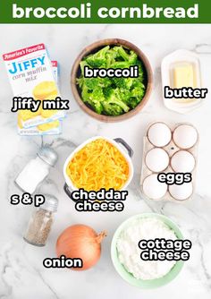 ingredients for broccoli cornbread laid out on a marble counter top with text