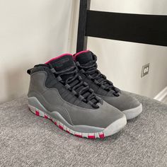 Kids 5.5y Smoke Gray/ Rush Pink Jordan 10 Retro Fits Women’s 6.5-7 Used- Barely Worn (Still Have Box) Gray Jordan Shoes With Air Max Cushioning, Gray Jordan Shoes For Light Sports With Round Toe, Gray Round-toe Jordan Shoes For Light Sports, Gray Outdoor Basketball Shoes With Round Toe, Pink High-top Sneakers For Light Sports With Cushioned Footbed, Pink High-top Sneakers With Cushioned Footbed For Light Sports, Outdoor Basketball Shoes With Air Cushioning And Round Toe, Pink Cushioned High-top Sneakers For Light Sports, Casual Gray Jordan Shoes With Air Max Cushioning