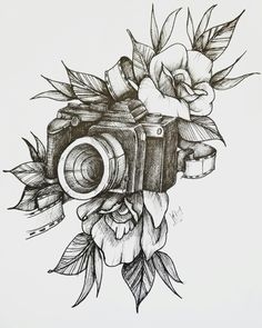 a drawing of a camera with flowers on it