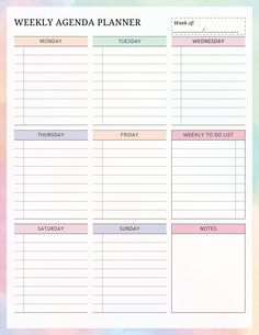 the printable weekly agenda planner is shown in pink, blue and green colors with watercolor