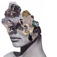 a woman's head is covered in various pieces of paper