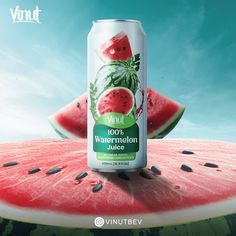 a can of watermelon juice sitting on top of a slice of watermelon