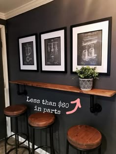 three framed pictures hang on the wall above two stools and a potted plant