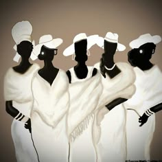 three black women in white dresses and hats