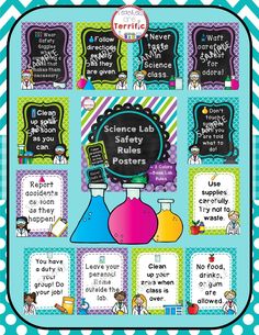 the science lab poster is displayed on a blue and white polka dot background with blackboard